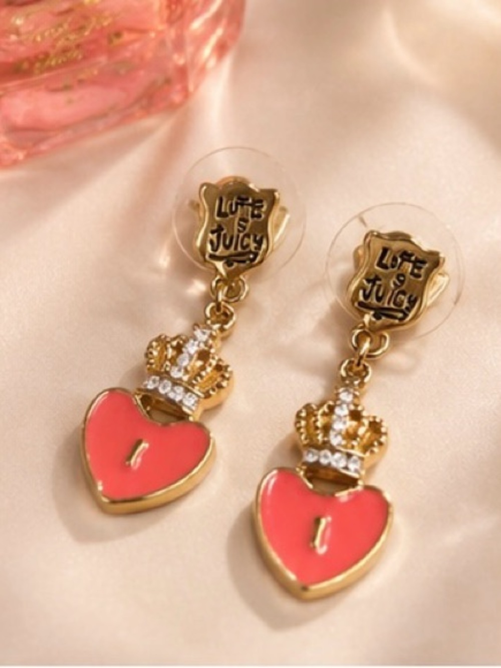 Juicy Couture Pink Heart Crown Dangle Earrings Gold Tone